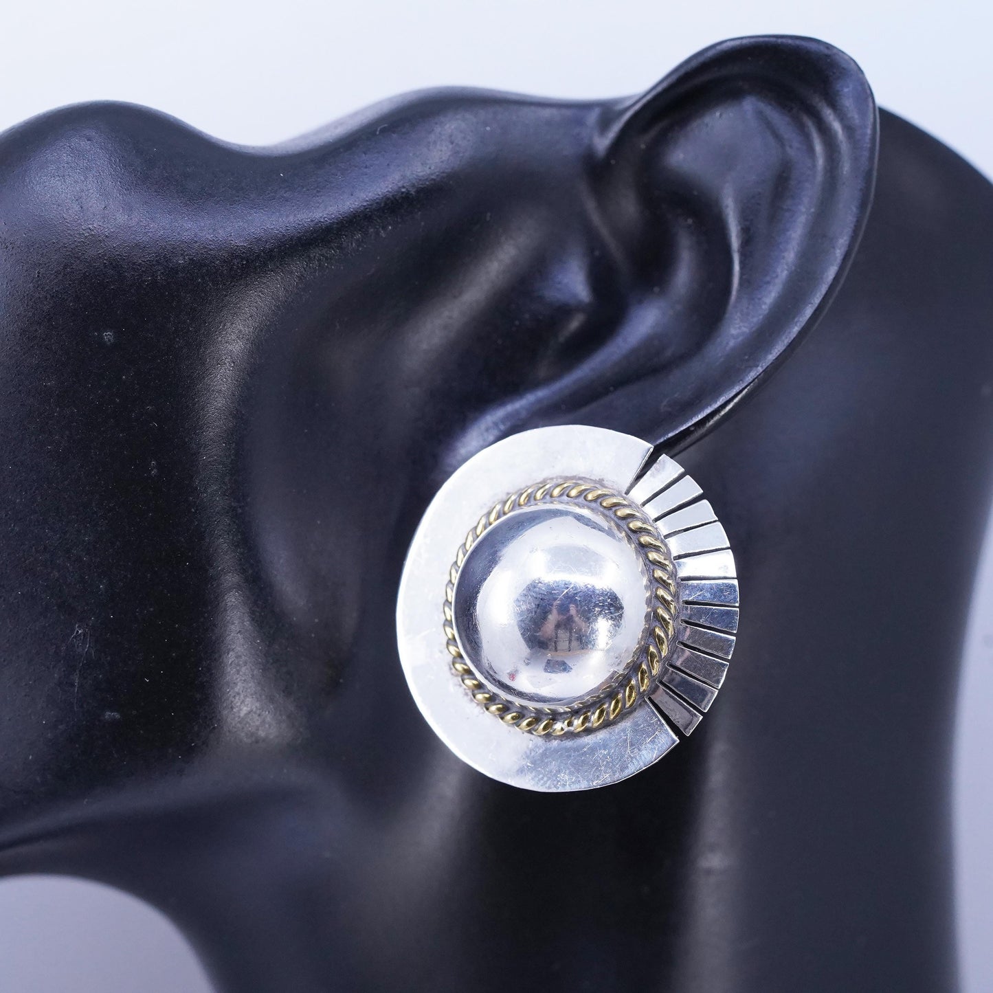 VTG Mexican Two Tone Sterling 925 Silver circle CLIP ON earrings brass cable