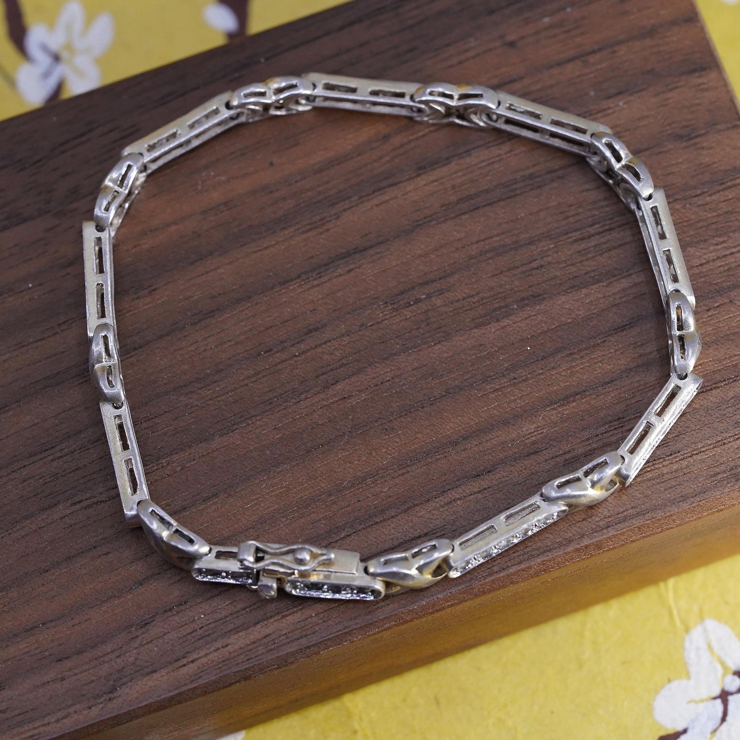 7.5”, vintage Sterling silver tennis bracelet, 925 bar link chain with cz
