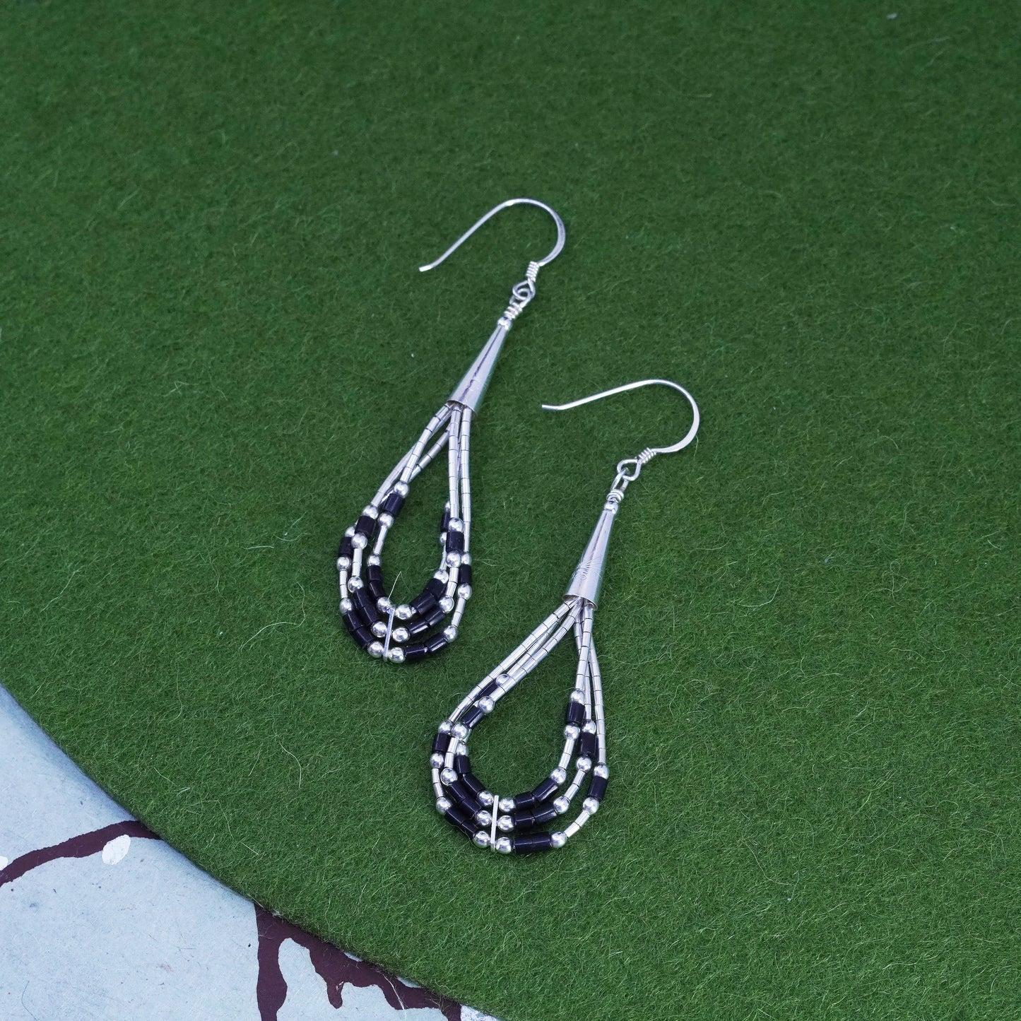 Vintage sterling 925 liquid silver handmade teardrop earrings with onyx beads