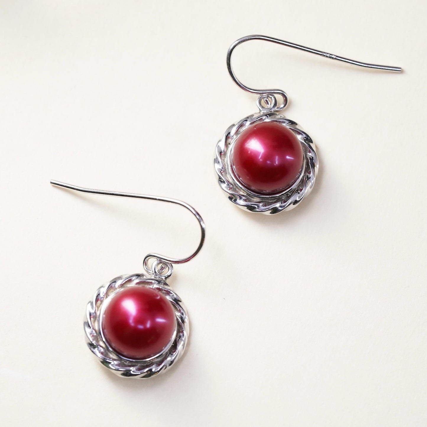 Vintage Sterling silver handmade earrings, 925 hooks with red pearl drops