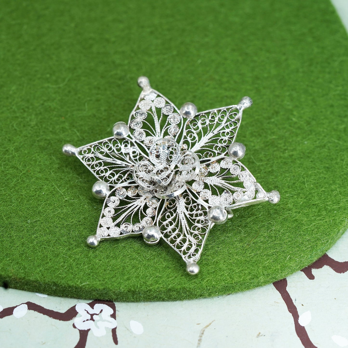 Vintage sterling silver handmade brooch, 925 filigree snowflake pin