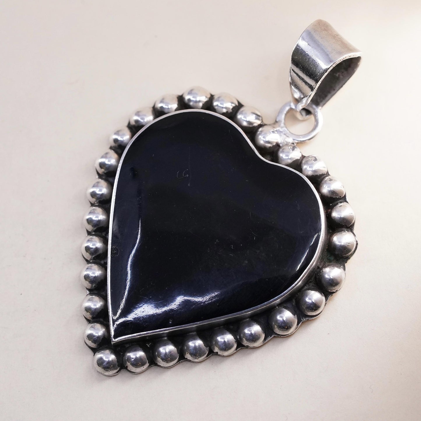 Vintage Mexico Sterling 925 silver handmade huge pendant with heart onyx beads