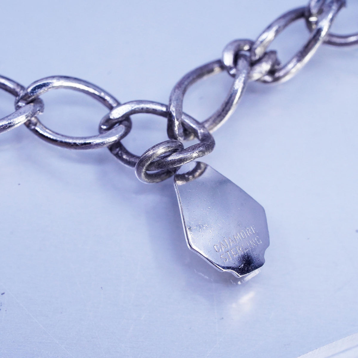 7" 7mm, Vintage Signed AJC Co 925 Sterling Silver Curb Link Charm Bracelet