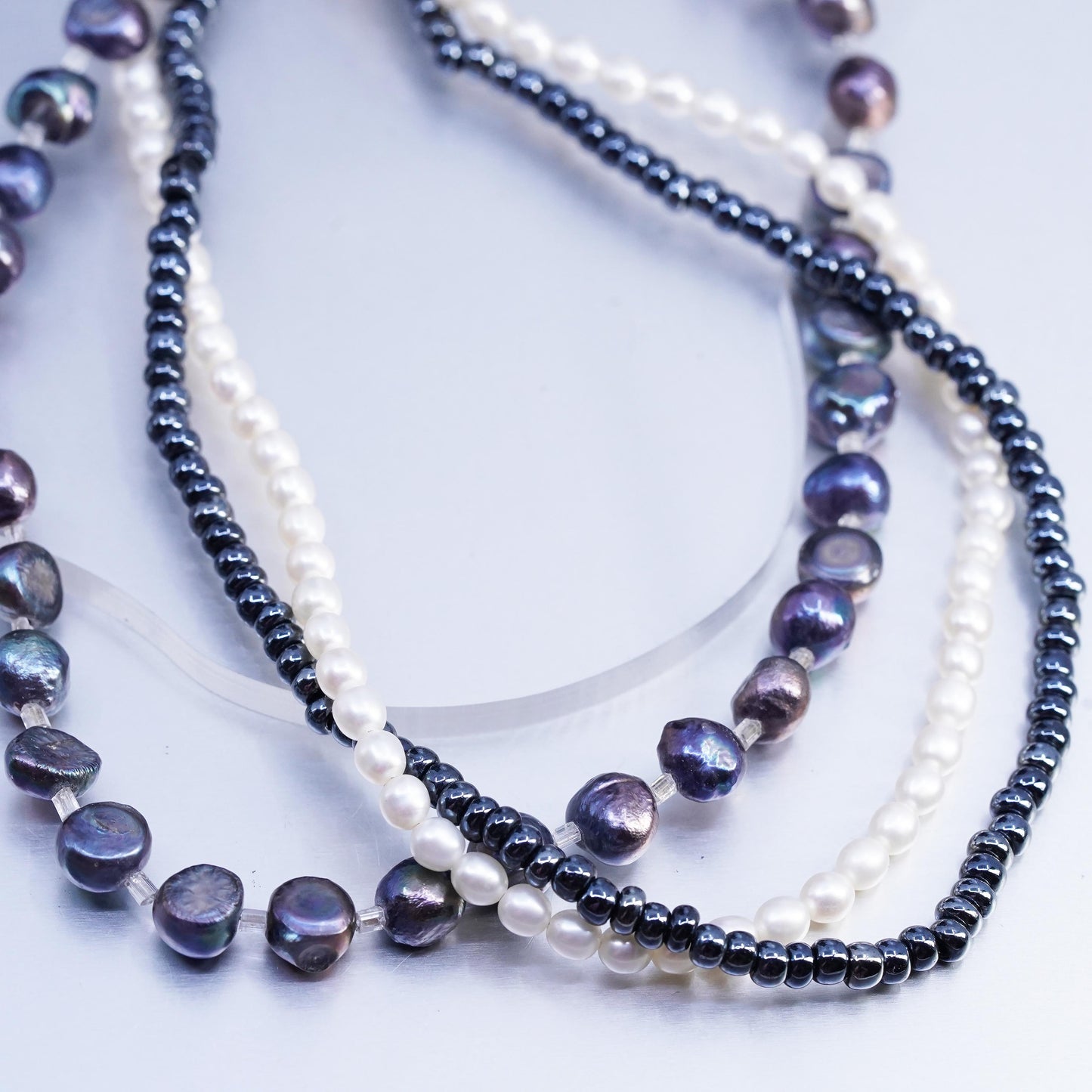 18" VTG Sterling 925 Silver Multi Strands triple tone freshwater pearl Necklace