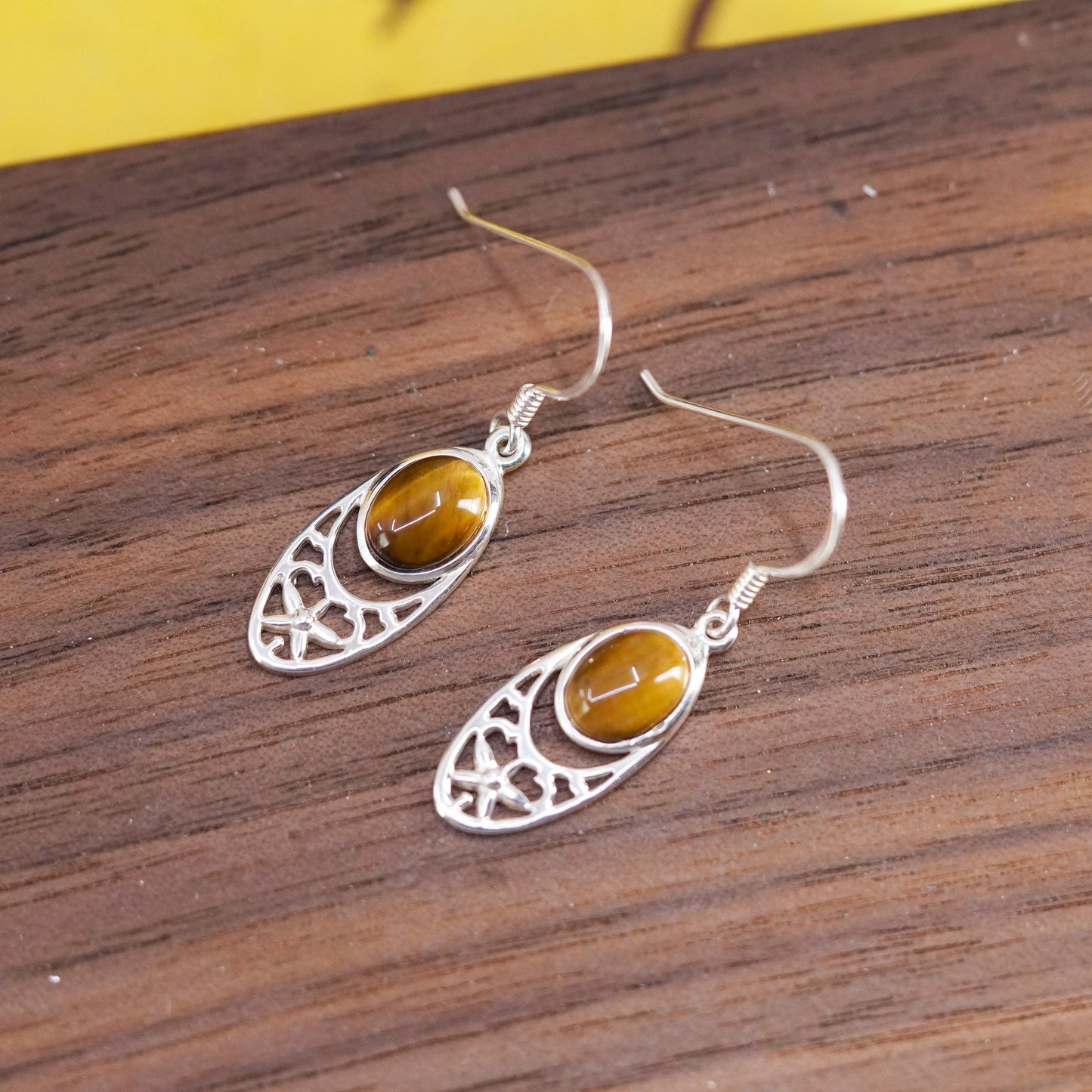 Vintage Sterling 925 silver handmade earrings with golden cat’s eye drops