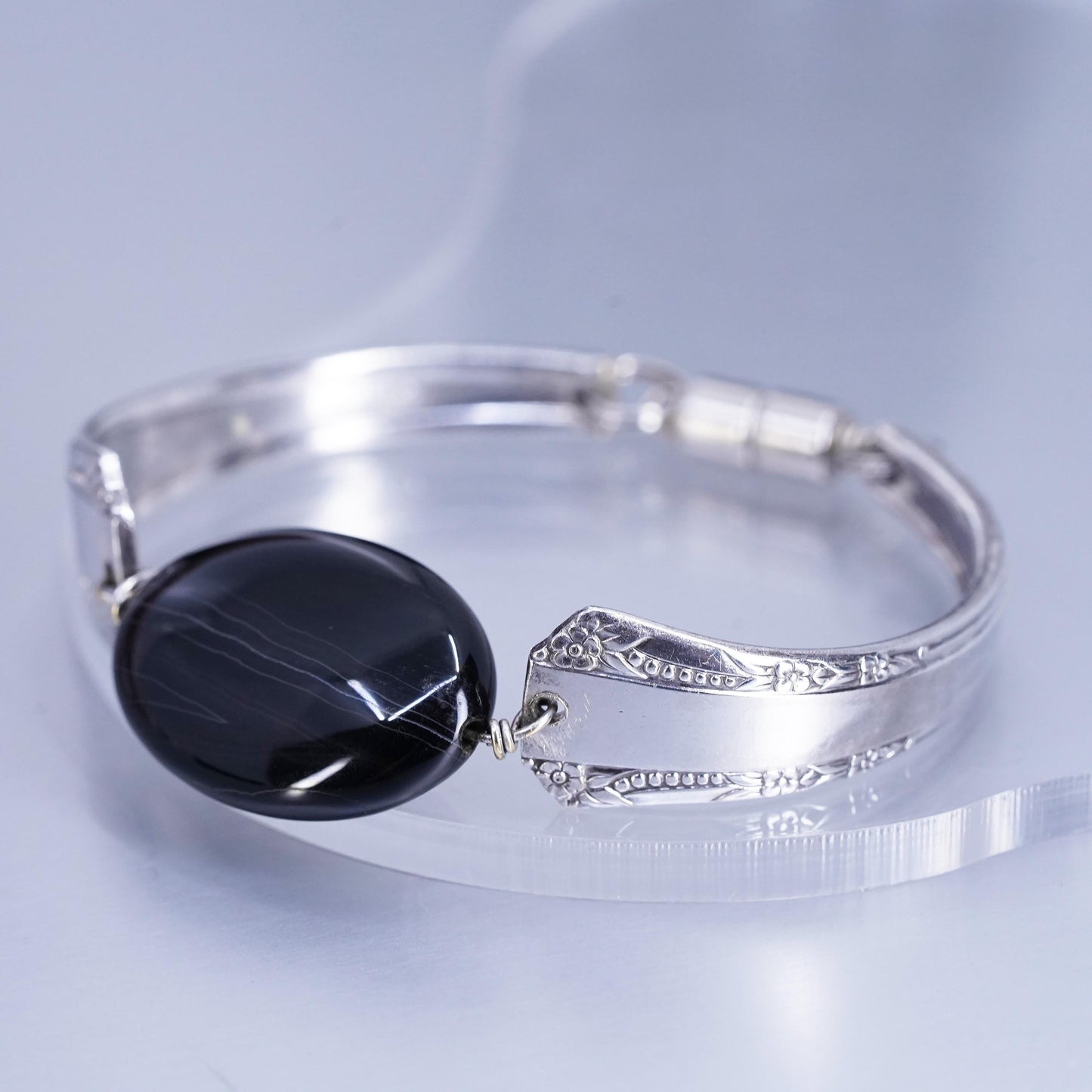6.75”, Vintage silver tone handmade bracelet, spoon bangle with onyx