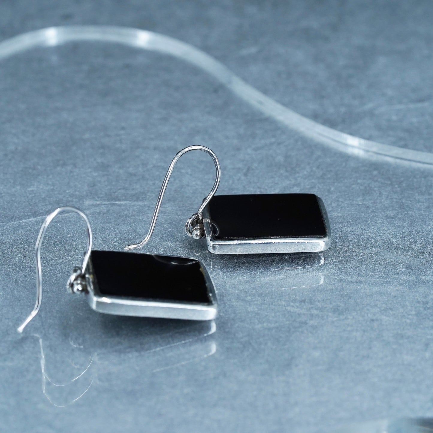 Vintage Sterling 925 silver handmade earrings with rectangular black onyx
