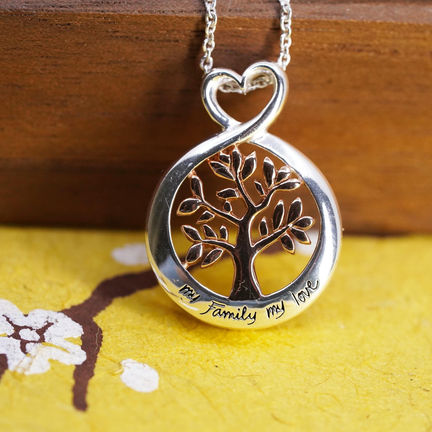 16+2” two tone Sterling silver necklace, 925 family tree pendant my family love