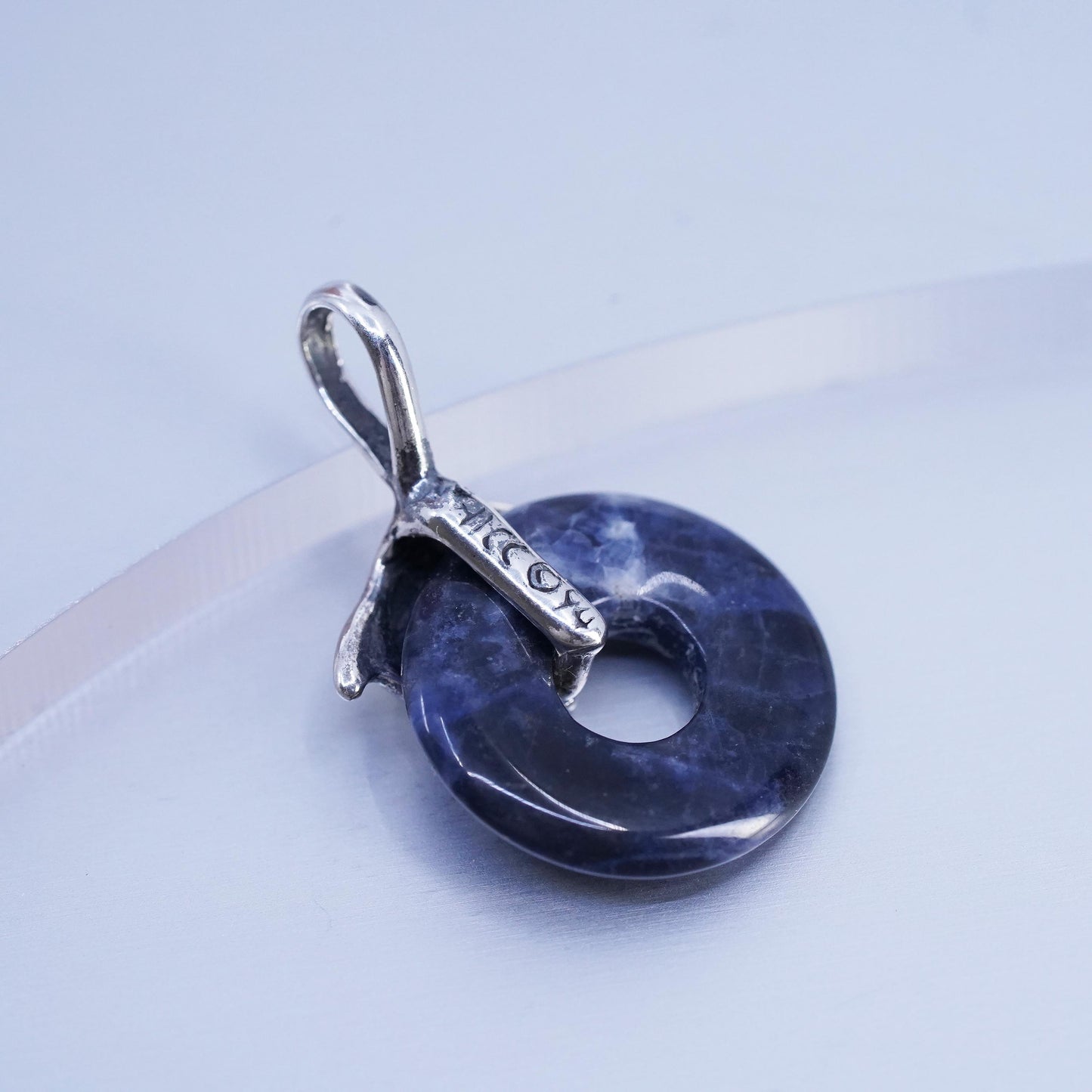 Vintage sterling 925 silver healing crystal dolphins pendant w/ sodalite circle