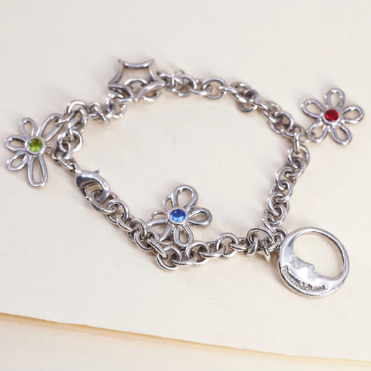 6.75”, Vintage sterling 925 silver circle bracelet with flower moon star charms