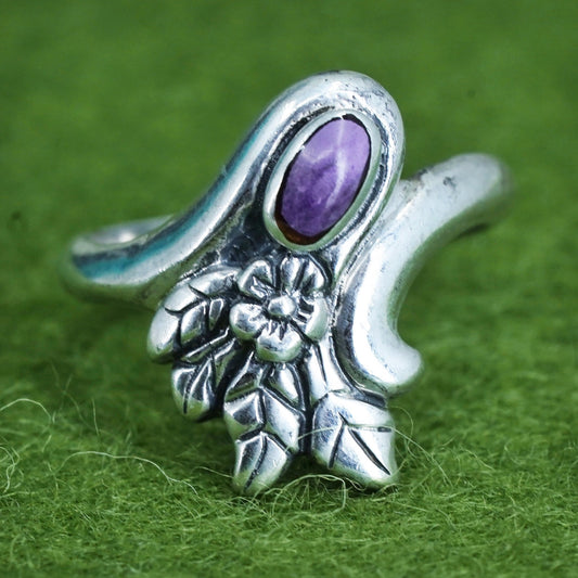 Size 6, vintage Sterling 925 silver handmade floral ring with amethyst