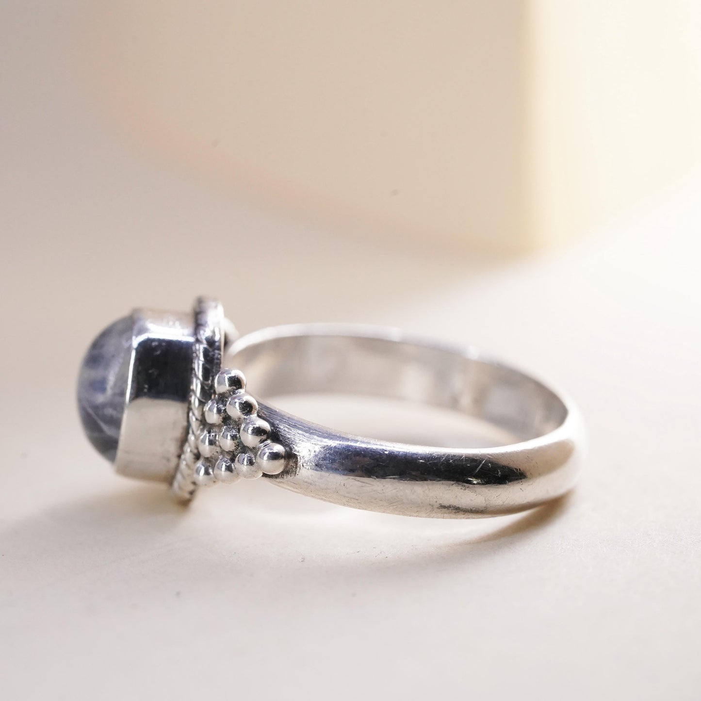 Size 7, vintage Mexican sterling 925 silver stackable ring moonstone and beads