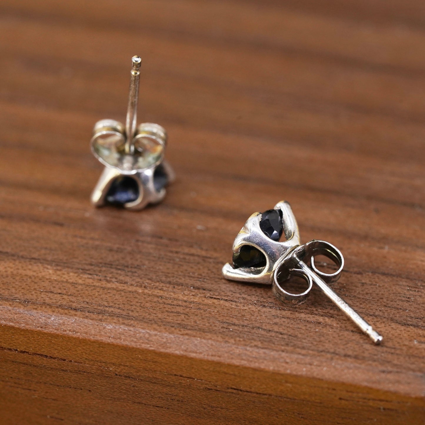 Vintage Sterling silver handmade earrings, 925 studs with sapphire