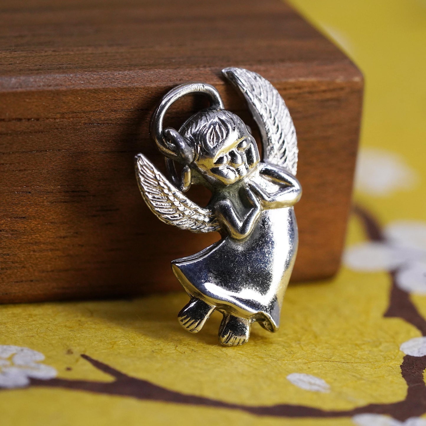 Vintage Sterling silver handmade pendant, 925 angel charm with cz