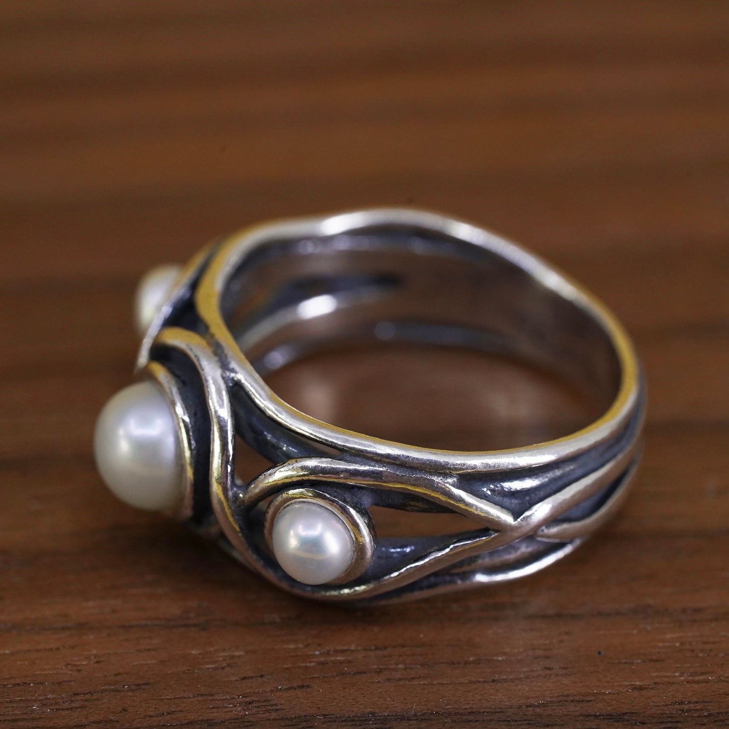 Size 8, Israel Sterling silver handmade ring, 925 statement band with pearl