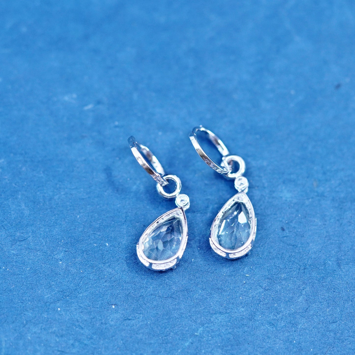 Vintage sterling 925 silver handmade earrings with teardrop blue topaz