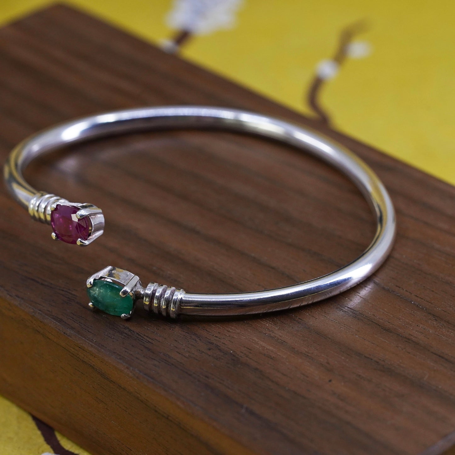 6.5", modern Sterling silver bracelet, 925 wrap bangle with ruby and emerald