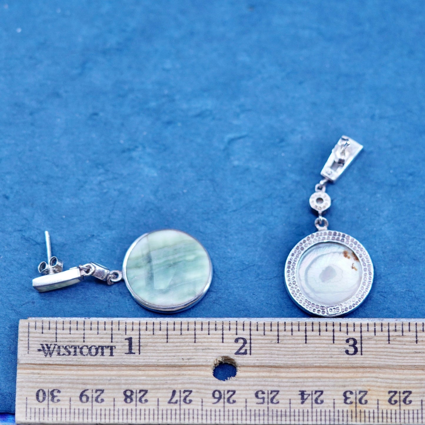 Vintage Sterling 925 silver handmade earrings with round jadeite