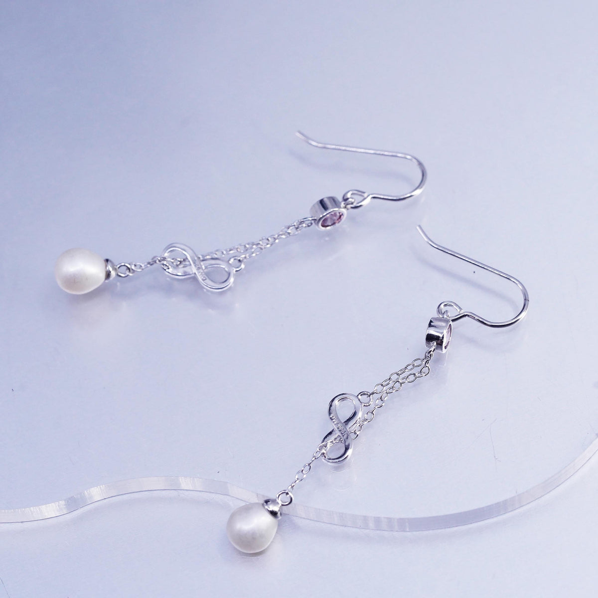 1.5", Vintage Sterling 925 silver long earrings infinity charm pearl beads