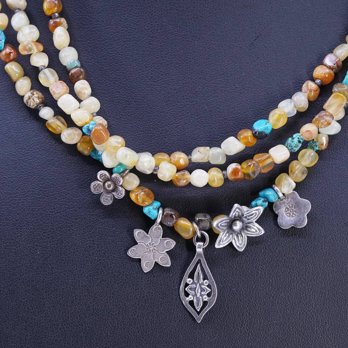 18" Tica Rosa Sterling 925 Silver Multi Strands multi gemstones Necklace flower