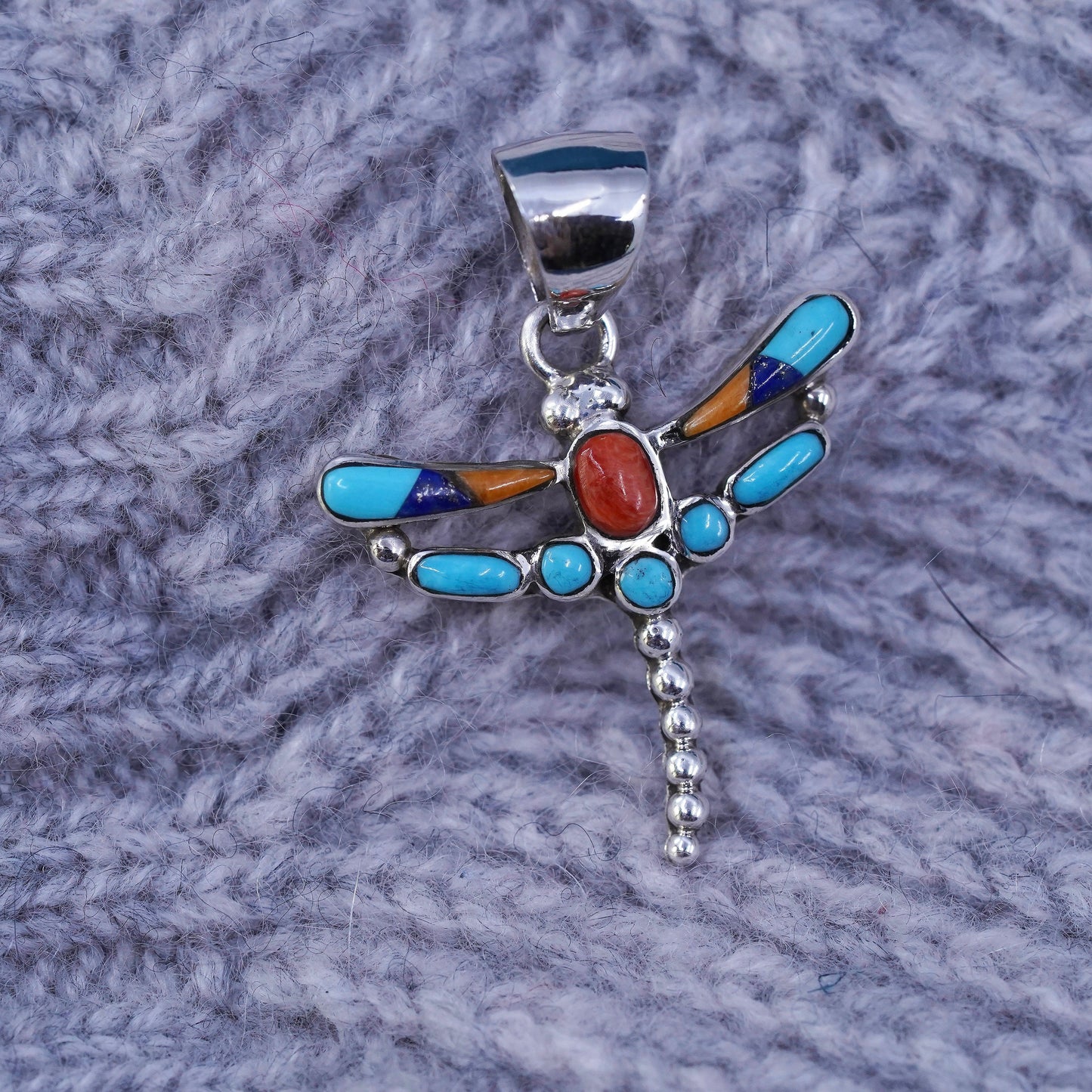 Native American Navajo Sterling silver pendant, 925 dragonfly turquoise coral