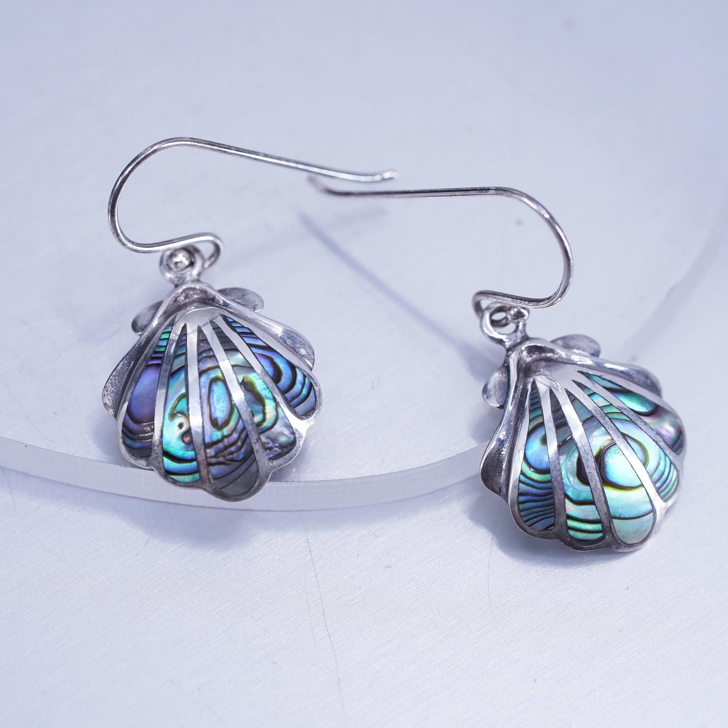 Vintage Sterling 925 silver handmade shell earrings with abalone inlay
