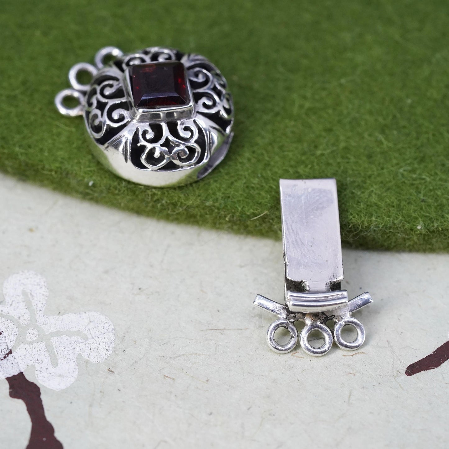 vintage Sterling silver handmade filigree clasp with ruby details