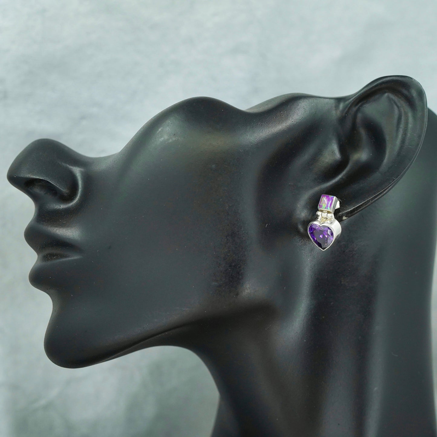 Vintage jewelry | Sterling 925 silver earrings with heart amethyst and opal
