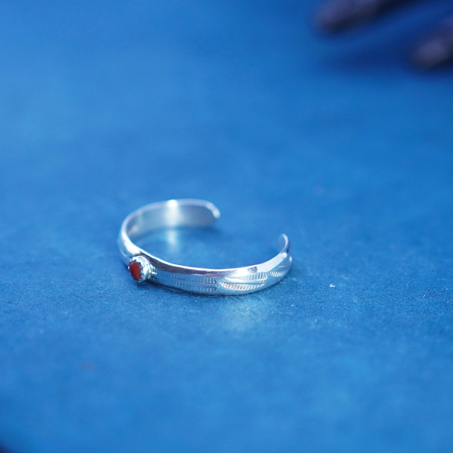 4.25”, Native American sterling silver bracelet, baby 925 cuff coral inlay