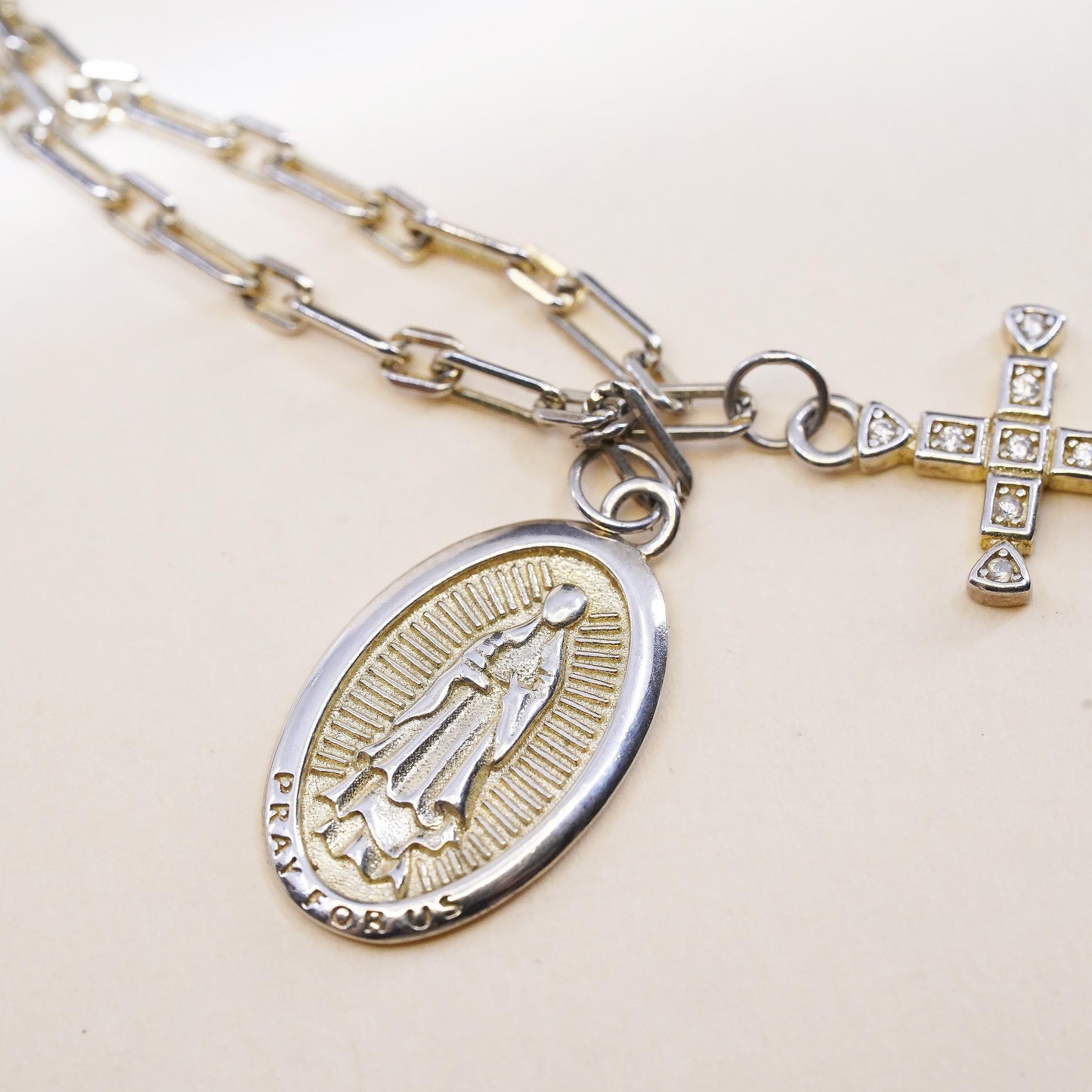 Sterling Silver 925 Two Tone Virgin Mary Diamond Cross Pendant Necklace, Chain