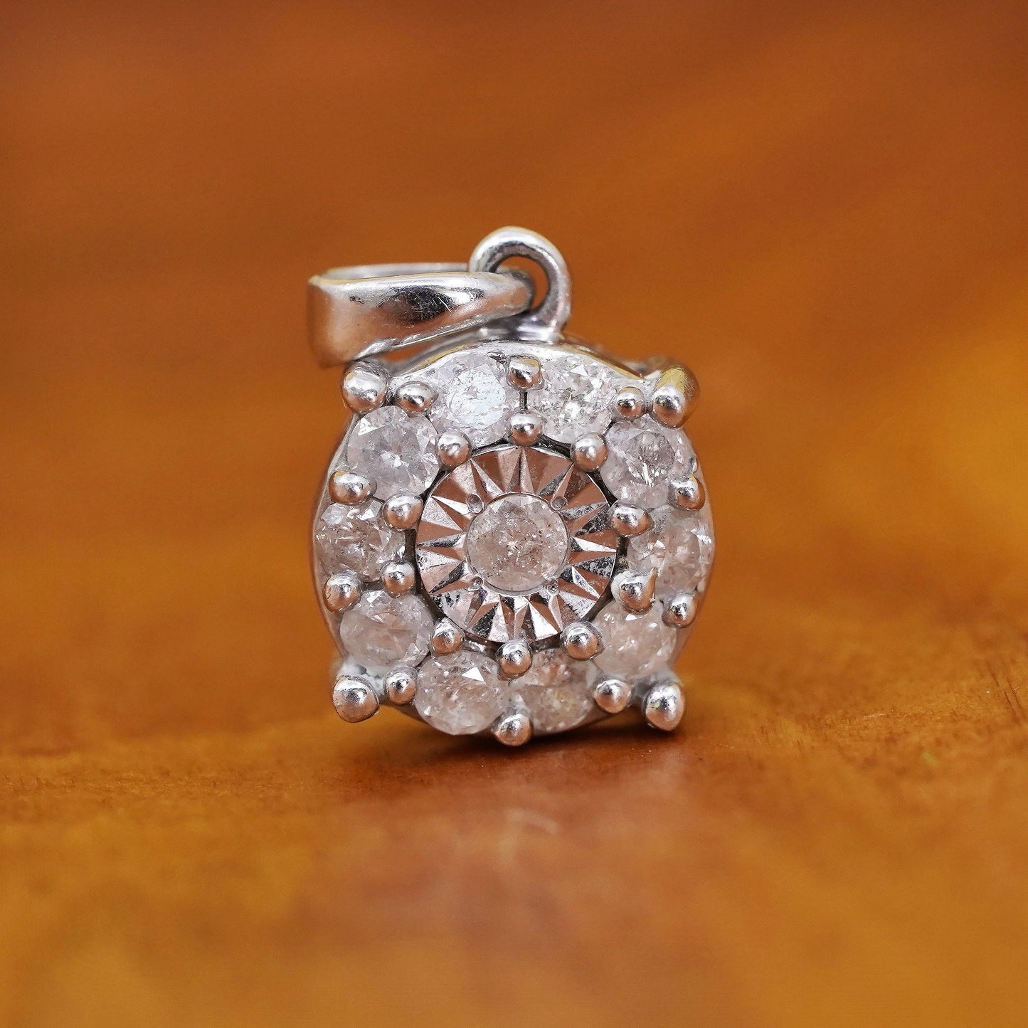 Vintage sterling silver pendant, 925 circle with dancing genuine diamond