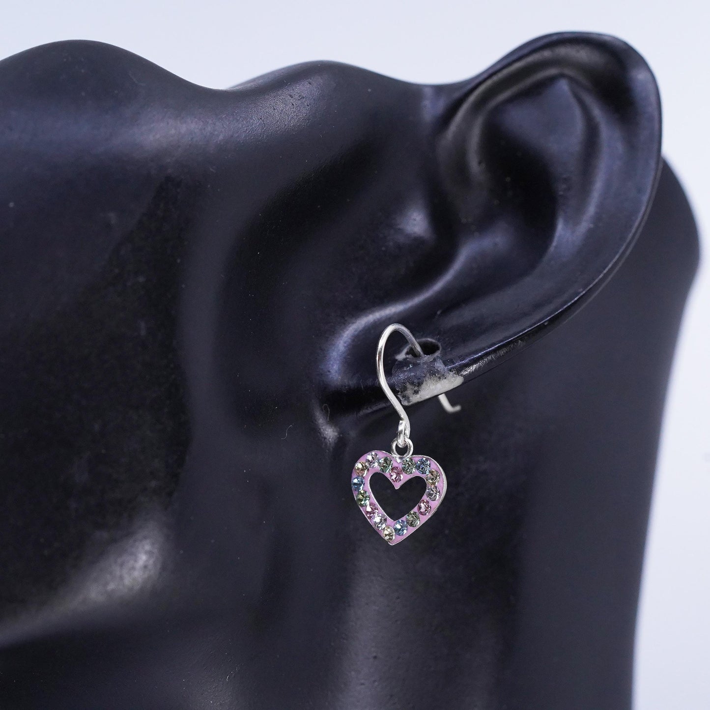 Vintage Sterling 925 silver pink heart earrings with cluster cz