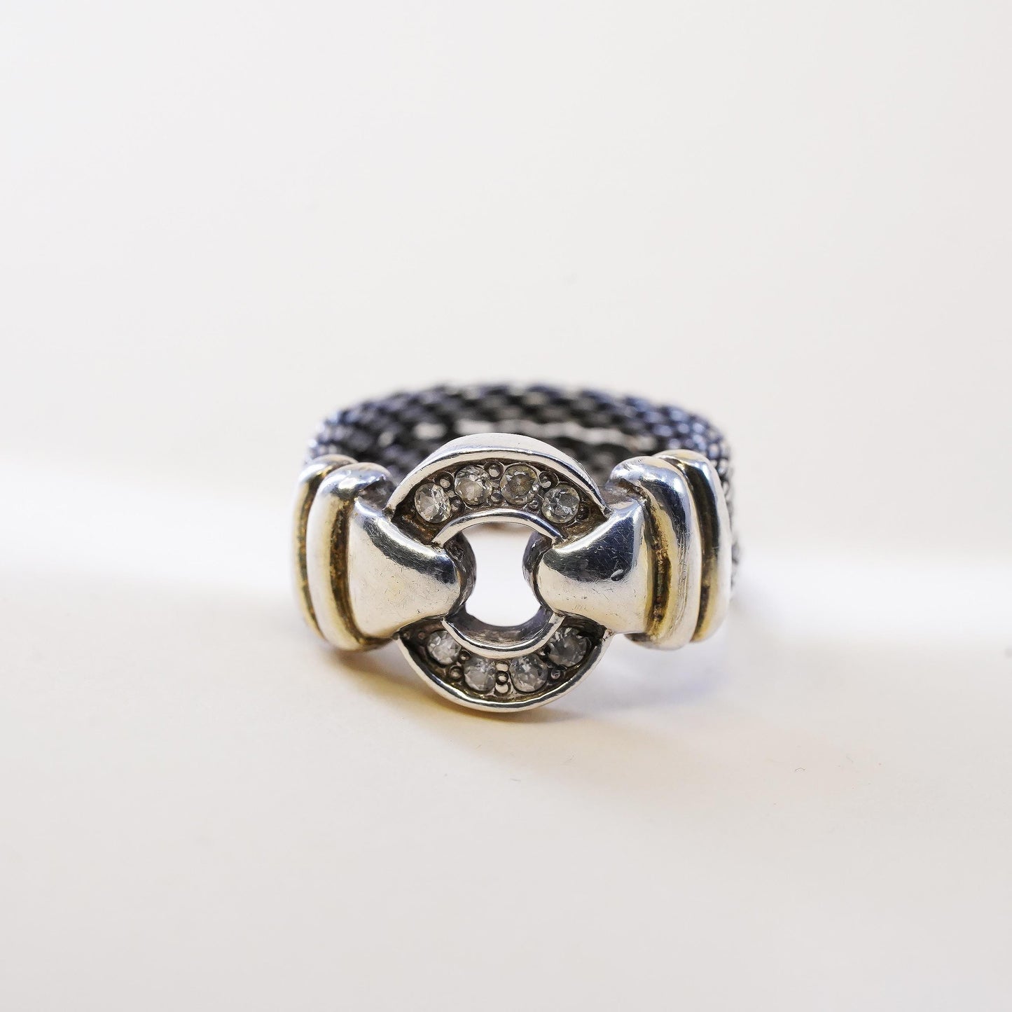 Size 9, Vintage sterling silver statement ring, 925 cable belt band cluster cz