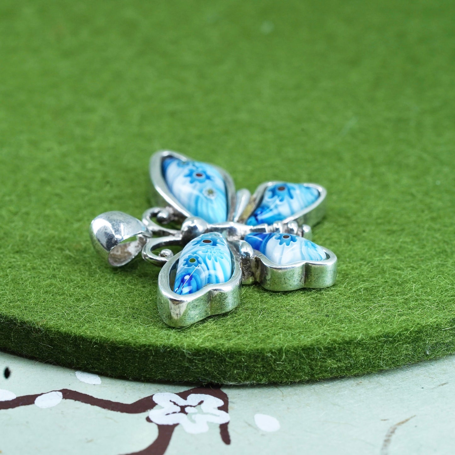 Italian Alan K sterling silver pendant, 925 silver butterfly, blue murano glass