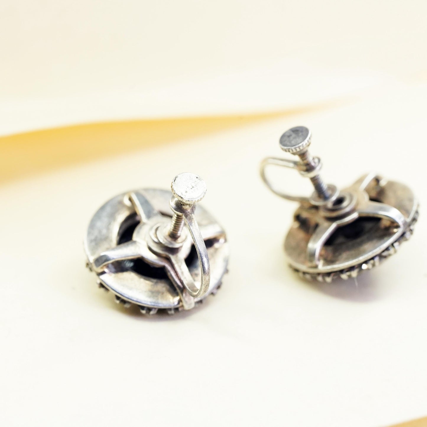 1950s sterling 925 silver earrings round screw back earrings onyx rhinestone
