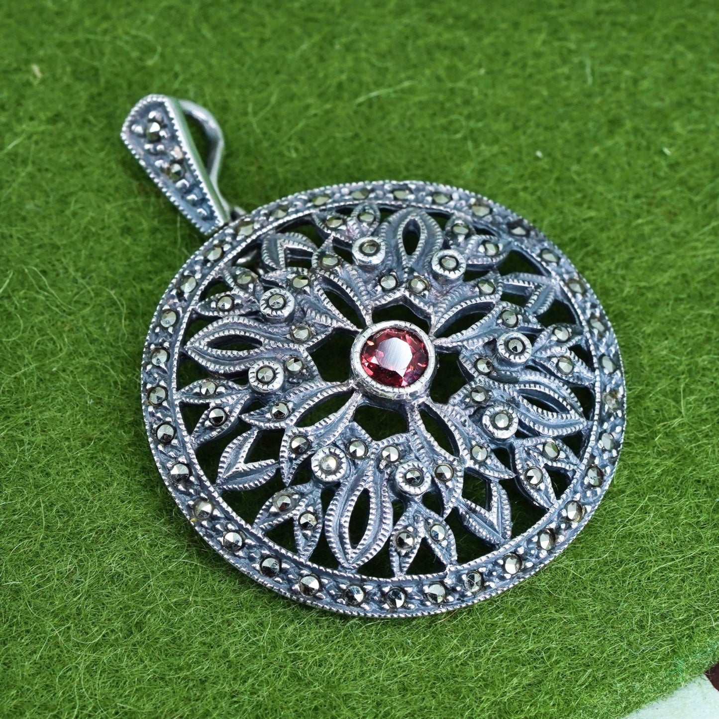 Judith Jack sterling 925 silver handmade filigree pendant with ruby marcasite