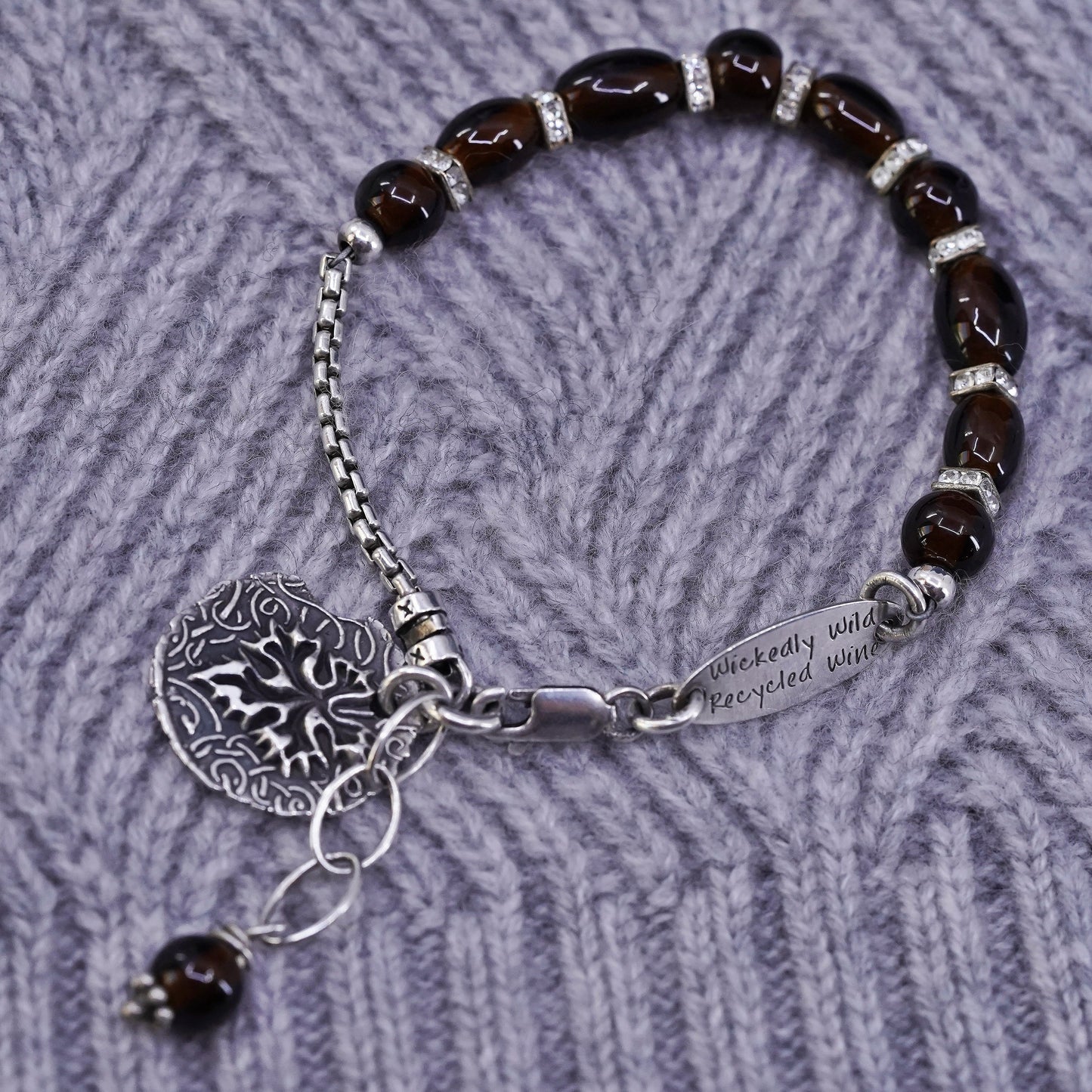 7", Wickedly Wild Recycled Wine sterling silver bracelet glass beads disc charm