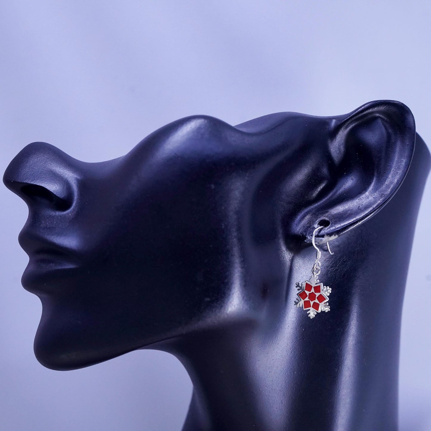 Vintage sterling silver handmade earrings, 925 hooks red enamel snowflake drops