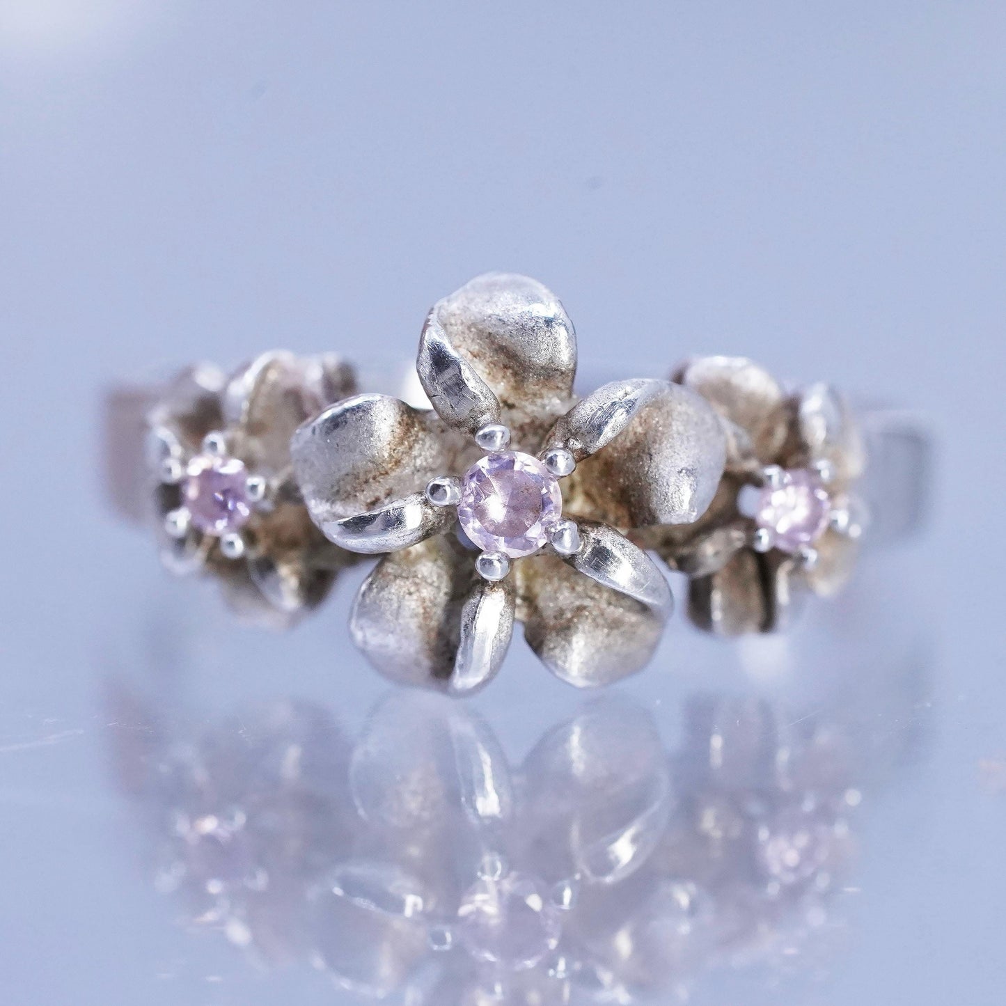 Size 6, vintage Sterling 925 silver handmade ring, plumeria flower band pink cz