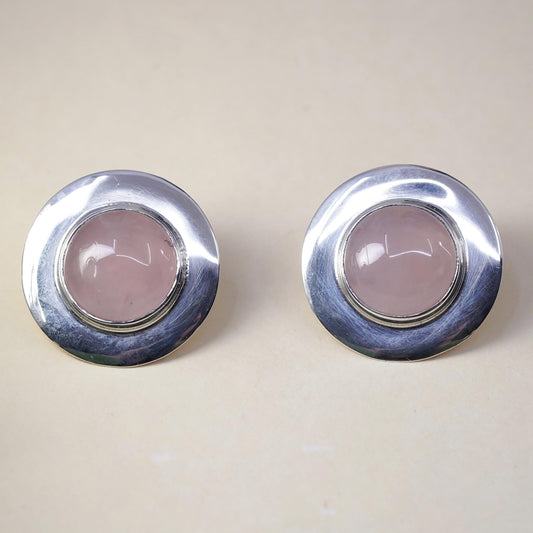 Vintage Sterling silver earrings, 925 circle studs with oval pink quartz stone