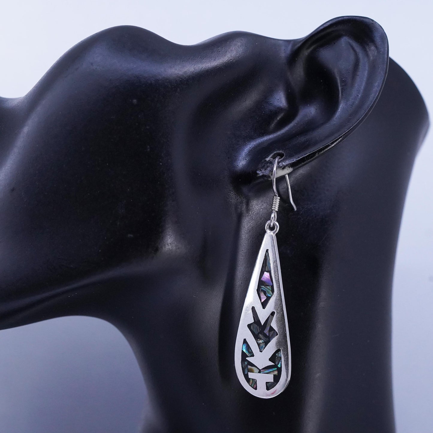 Vintage Mexican Sterling 925 silver handmade teardrop earrings abalone inlay