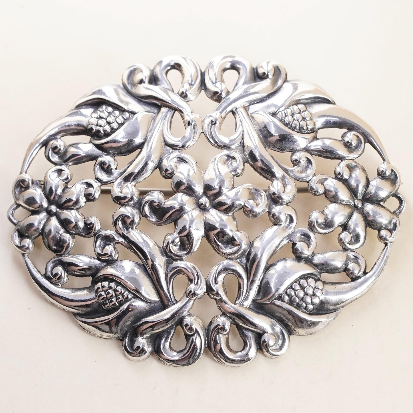 Scandinavian Sterling Silver Floral Brooch, Openwork Flower Pin, Danish Modern