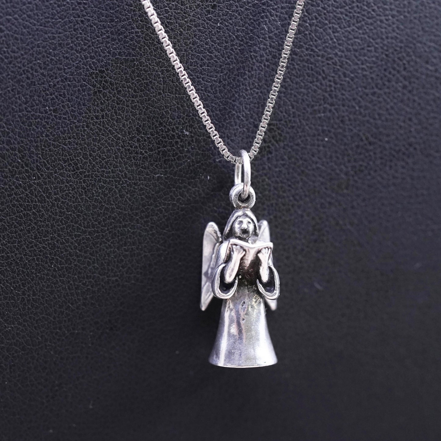 18”, sterling 925 silver handmade box chain necklace with angel charm pendant
