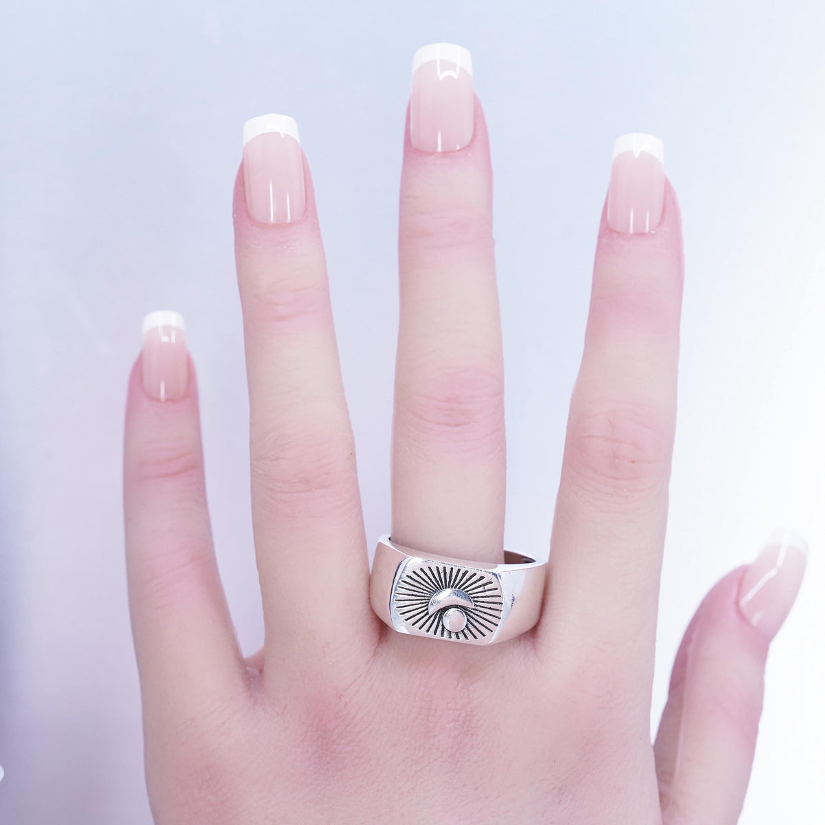 Size 13.5, vintage statement Sterling 925 silver handmade ring, band moon sun