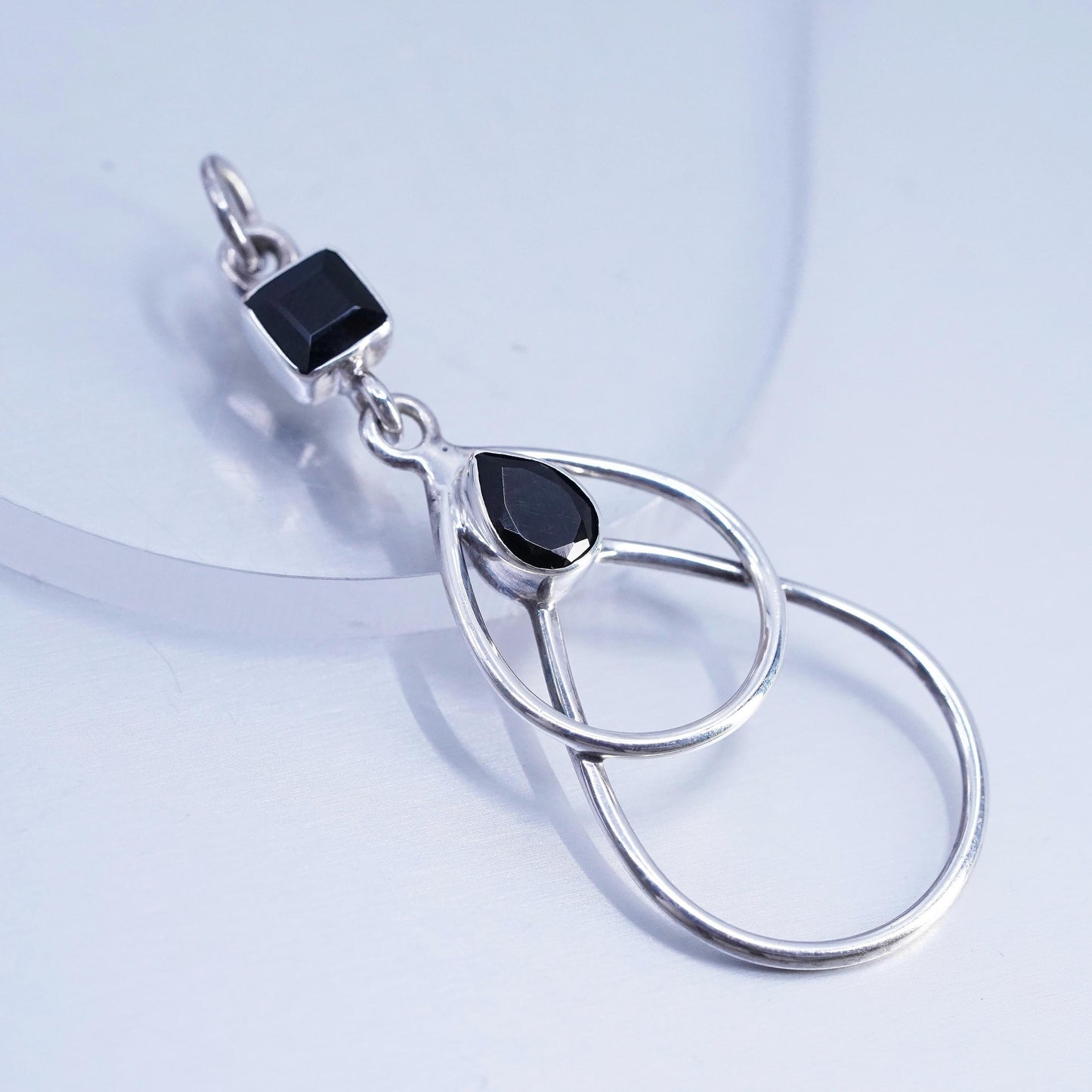 Vintage Sterling silver handmade charm, 925 teardrop pendant with onyx inlay