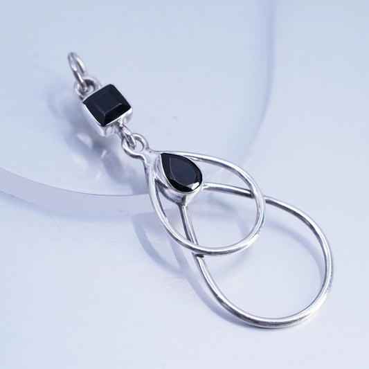 Vintage Sterling silver handmade charm, 925 teardrop pendant with onyx inlay