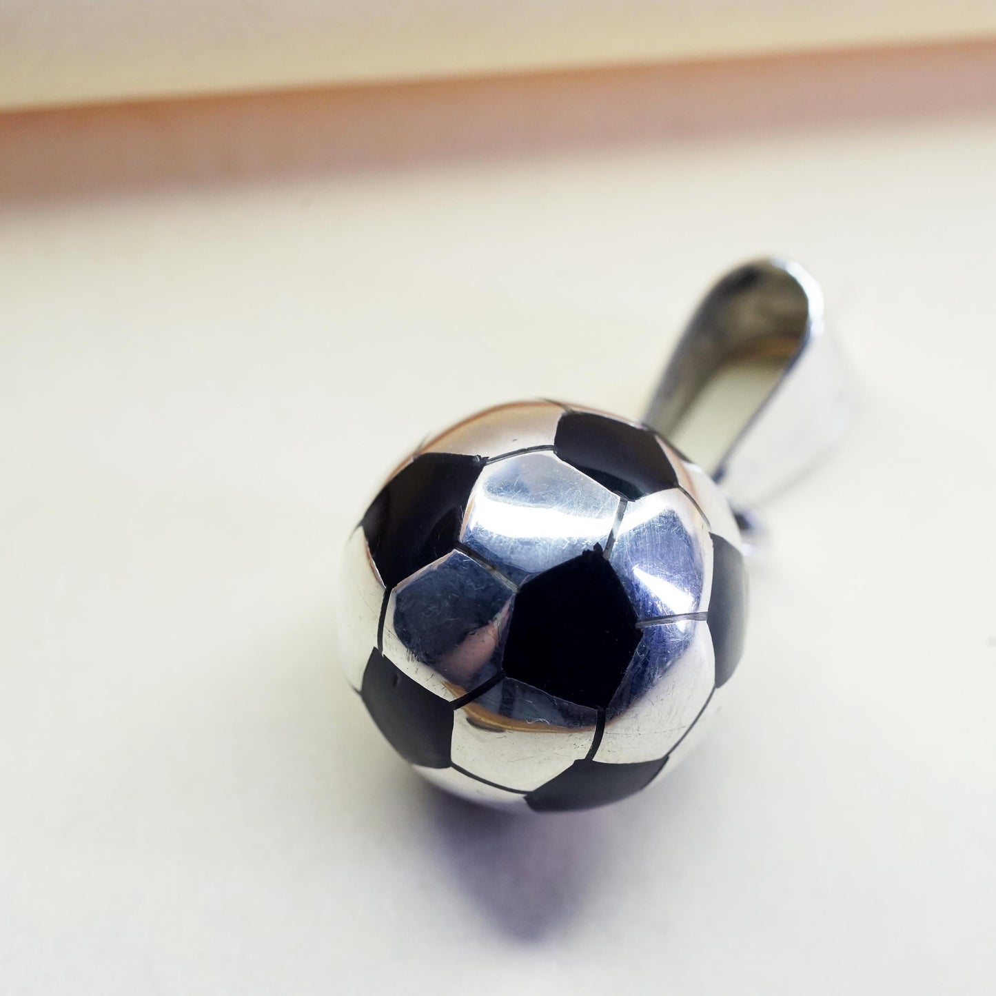 Mexican sterling silver pendant, 925 silver football soccer charm black enamel