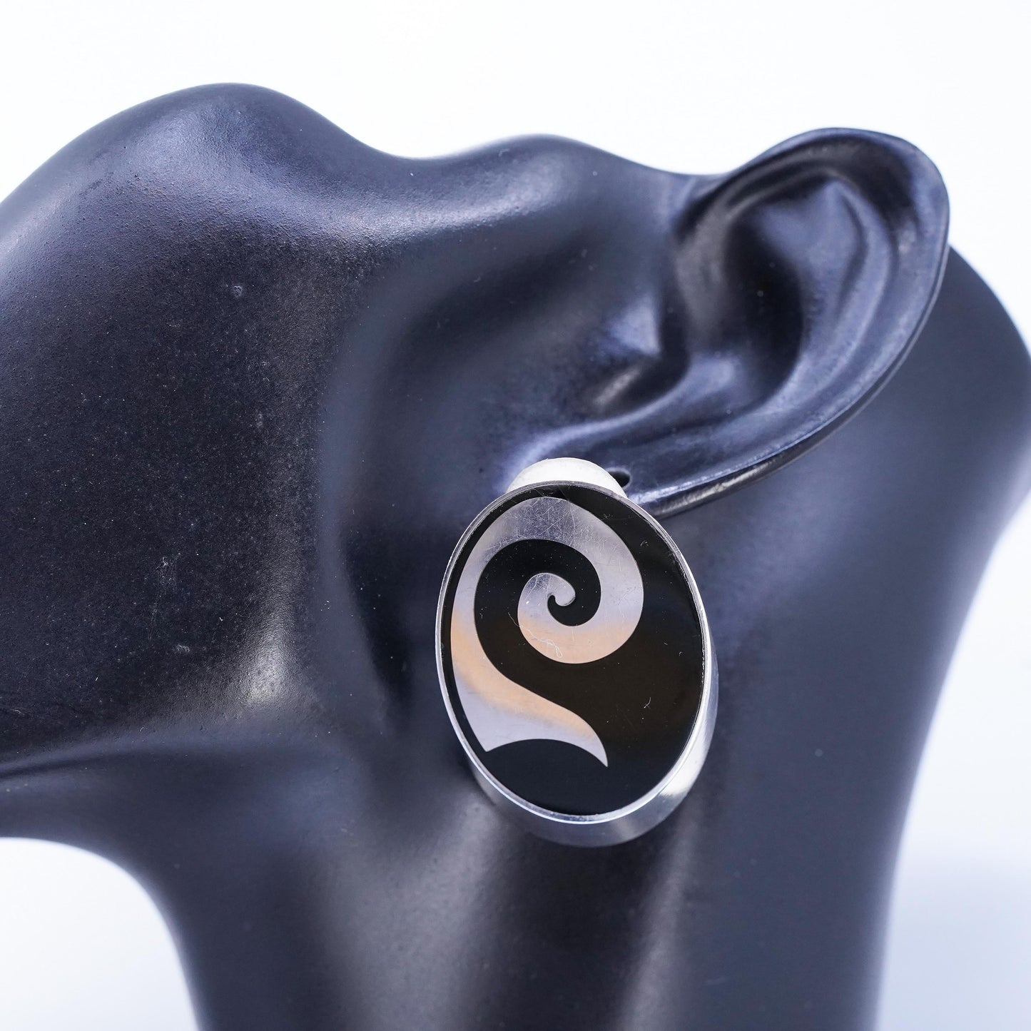 Vintage Varga Sterling Silver Oval Clip On Earrings with onyx and spiral inlay
