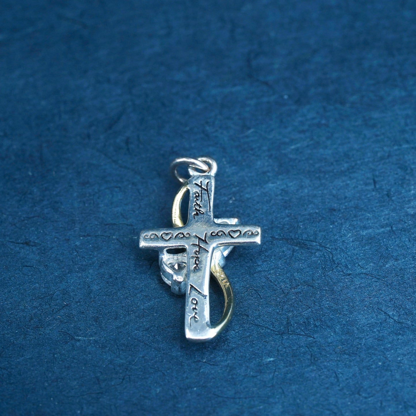 Two tone Sterling silver prayer pendant, 925 cross gold heart “faith hope love"