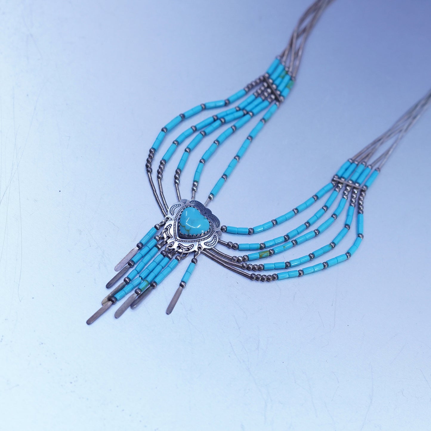 18”, liquid Sterling 925 silver strands necklace, Native American turquoise